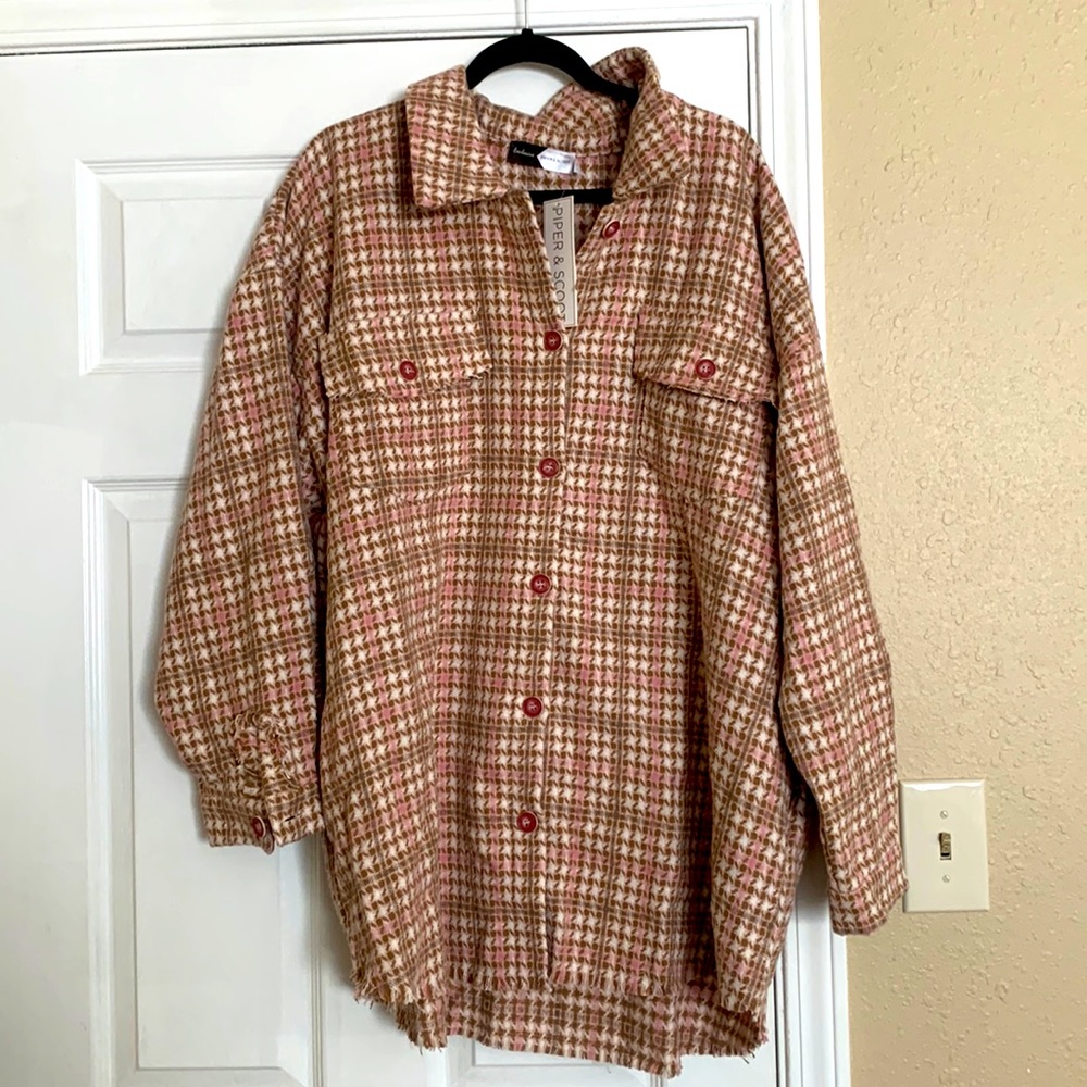 NWT 2X XXL Piper & Scoot Shacket Jacket Pink Brown Cream Houndstooth Pockets !